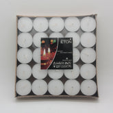 White Tealight Candles(50PCS) packaged in a box, featuring 50 unscented candles for versatile home use.